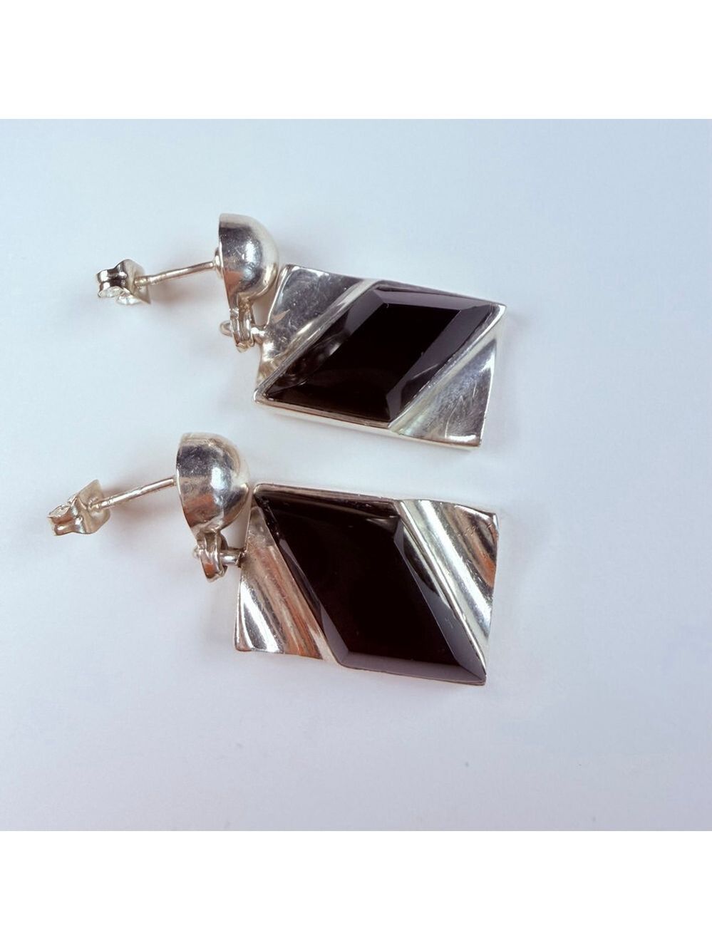 Modernist Taxco Black Jet Onyx Sterling Silver 950 VTG Rectangle Earrings Mexico - Picture 3 of 5